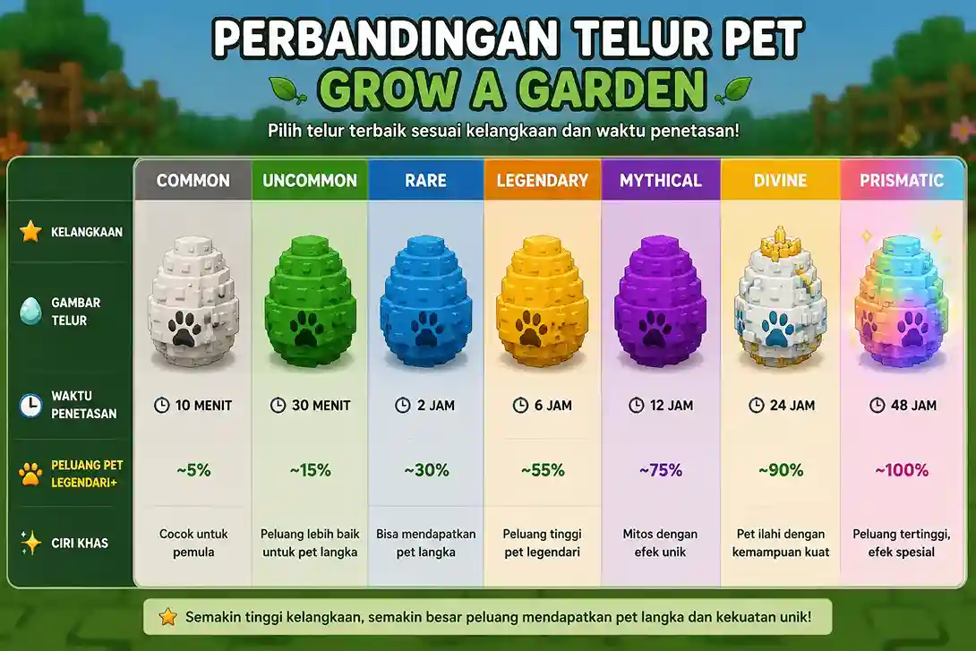 Perbandingan telur pet Grow a Garden berdasarkan kelangkaan dan waktu penetasan