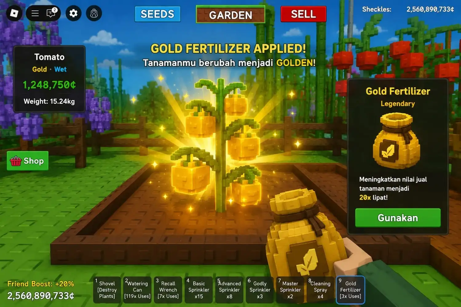 Gold Fertilizer diterapkan pada tanaman Grow a Garden hingga berubah menjadi emas
