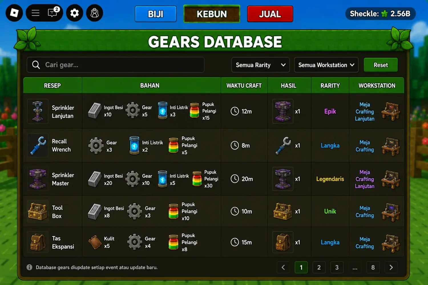 Database gear Grow a Garden menampilkan resep, bahan, waktu crafting, hasil, dan rarity