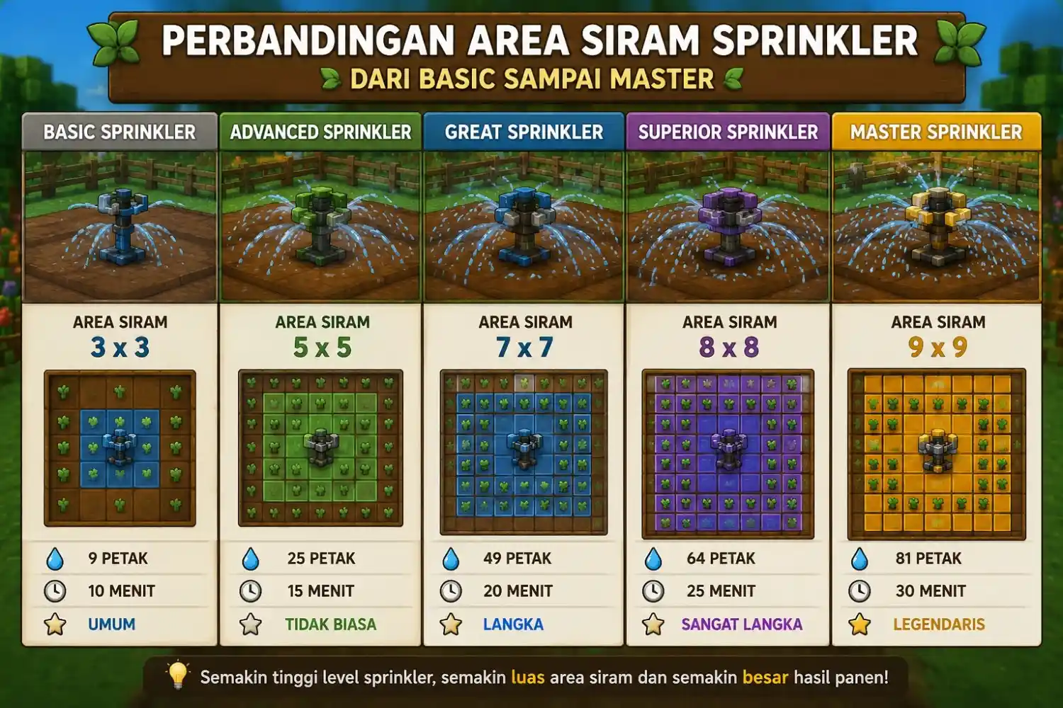 Perbandingan area siram sprinkler Grow a Garden dari Basic hingga Master.