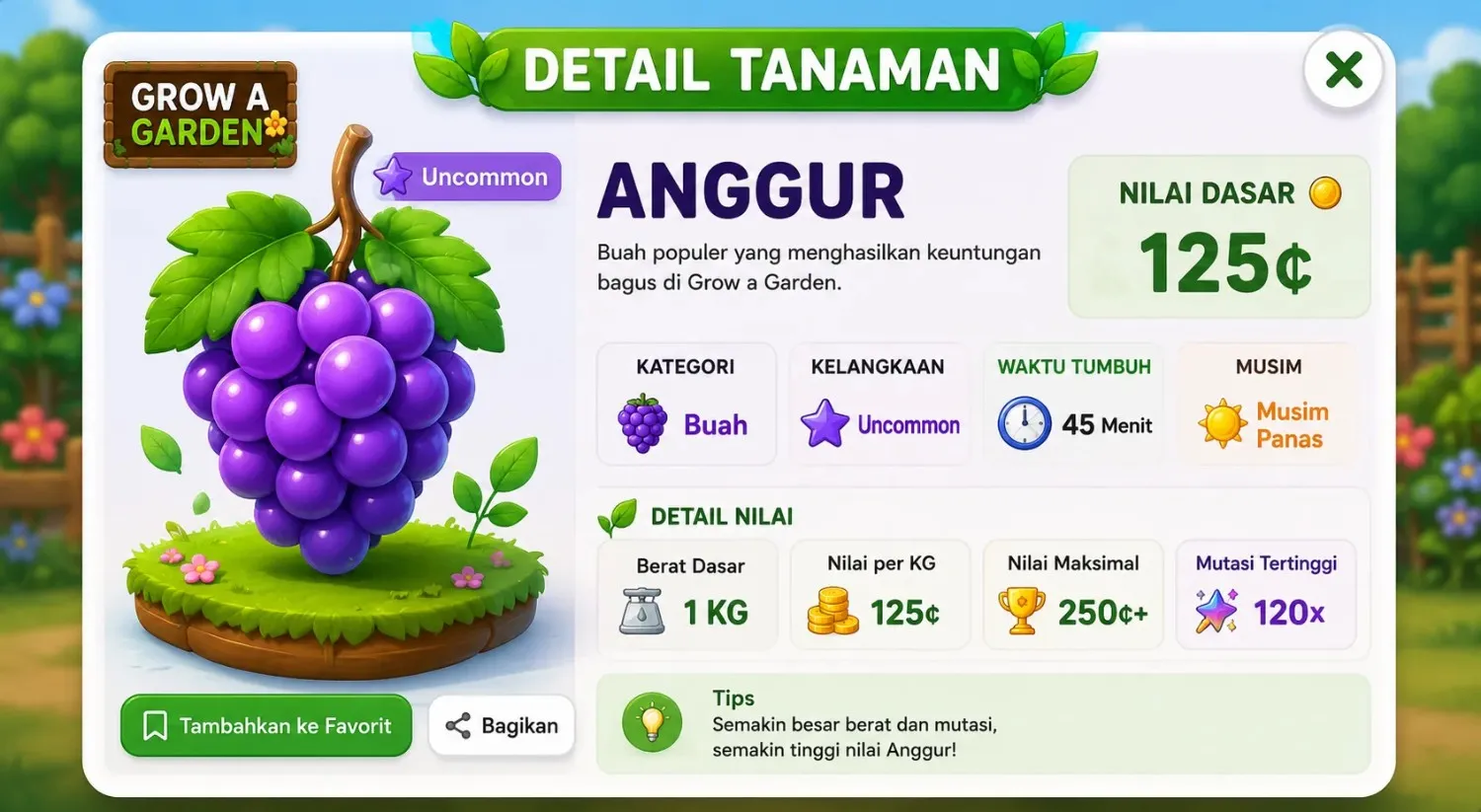 Kartu detail tanaman Grow a Garden menampilkan nilai dasar, kelangkaan, dan kategori