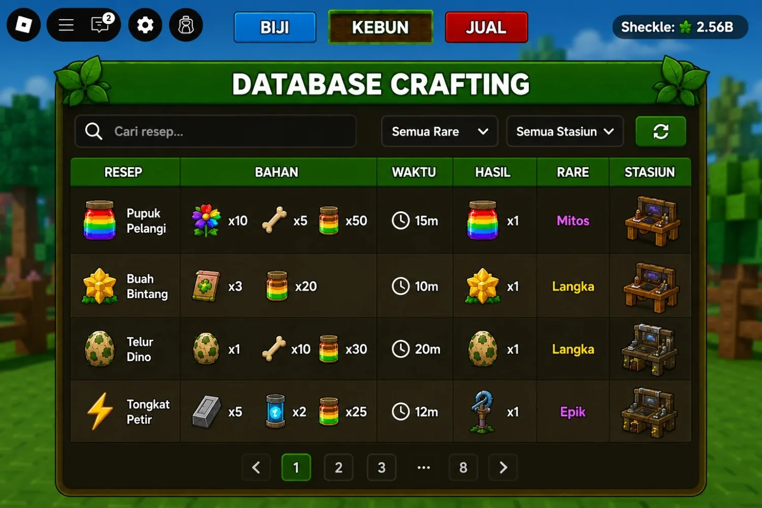 Tampilan database crafting: resep, bahan, waktu, hasil, rarity, dan stasiun Database crafting Grow a Garden menampilkan resep, bahan, waktu, hasil, dan stasiun crafting