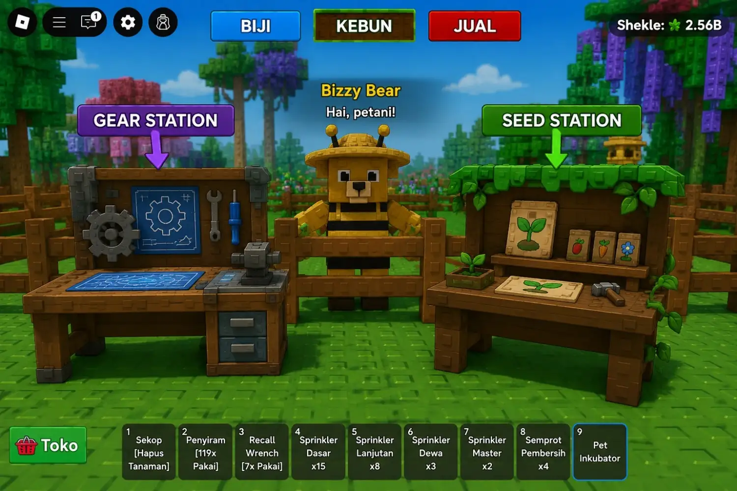 Stasiun crafting di dekat Bizzy Bear: meja gear dan meja benih Stasiun crafting Grow a Garden di dekat Bizzy Bear dengan meja gear dan benih