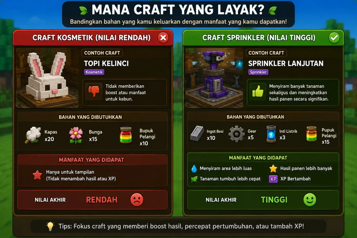 Craft kosmetik vs craft sprinkler: mana yang layak? Perbandingan craft kosmetik dan sprinkler Grow a Garden berdasarkan bahan dan manfaat