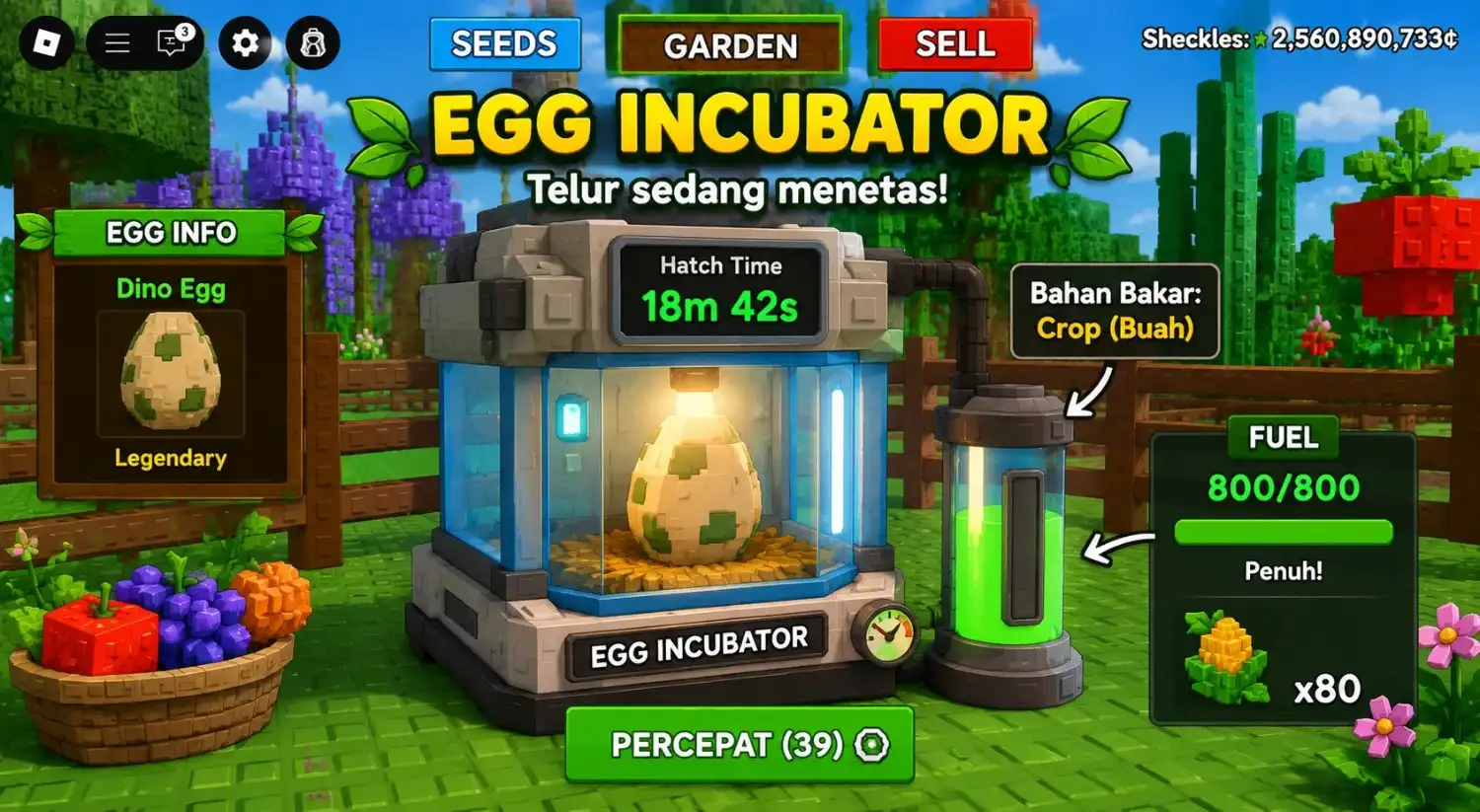 Egg Incubator dengan telur dan bahan bakar penuh Egg Incubator Grow a Garden dengan telur, bahan bakar penuh, dan waktu penetasan terlihat