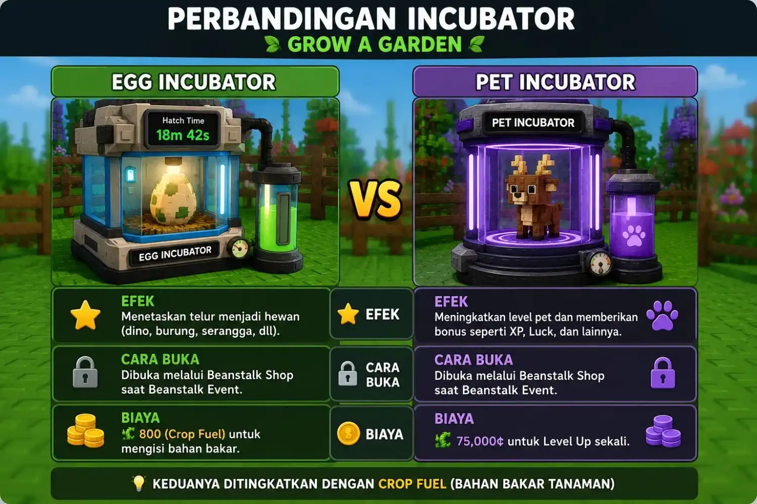 Perbandingan Egg Incubator dan Pet Incubator Perbandingan Egg Incubator dan Pet Incubator Grow a Garden berdasarkan fungsi, cara buka, dan biaya