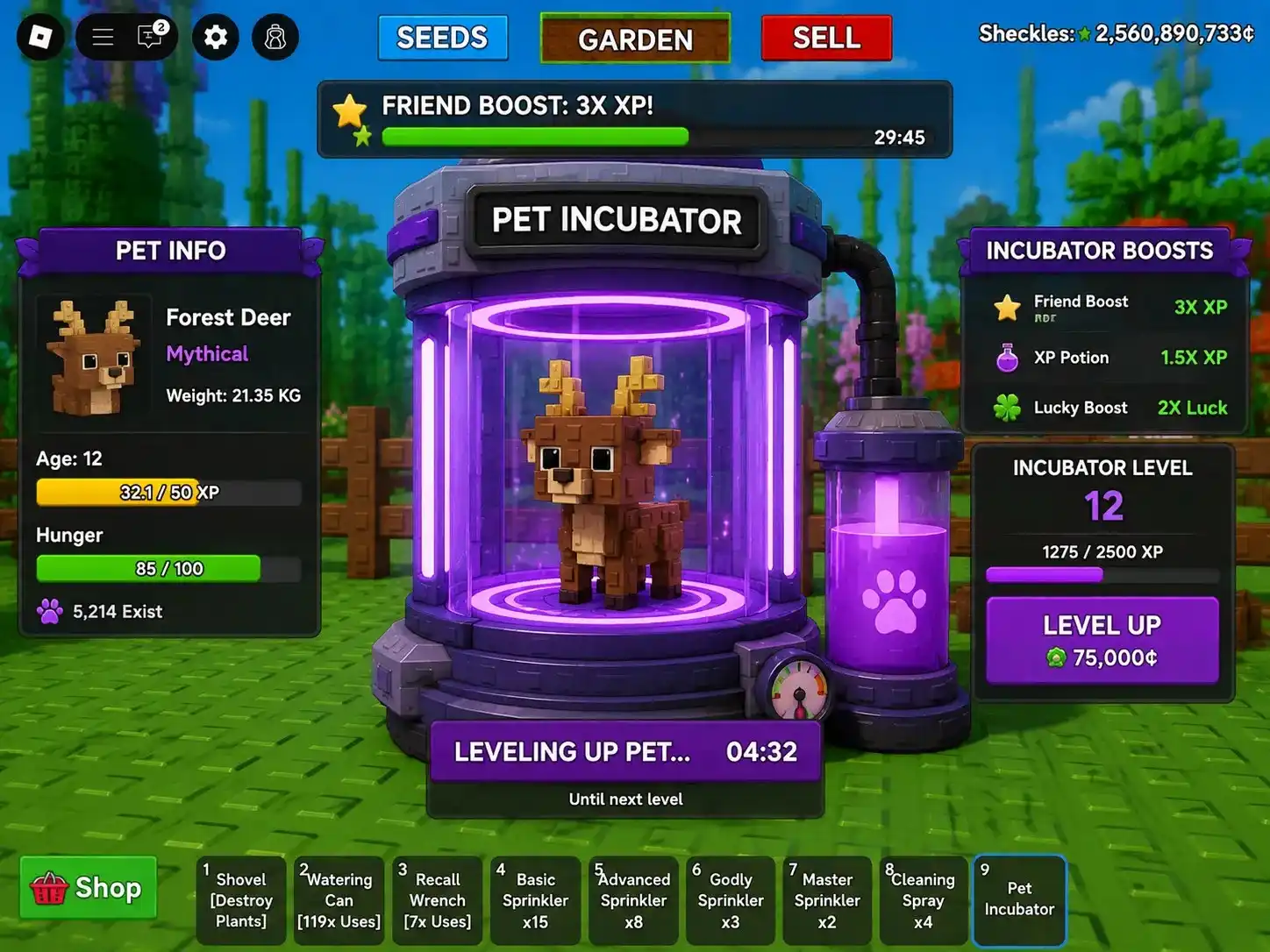 Pet Incubator dengan progres level dan bonus XP Pet Incubator Grow a Garden menampilkan progres level, bonus XP, dan pet yang sedang dilatih