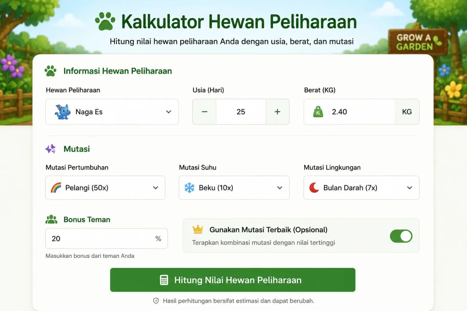 Tampilan Kalkulator Hewan Peliharaan Grow a Garden Antarmuka Kalkulator Hewan Grow a Garden dengan input hewan, usia, dan mutasi
